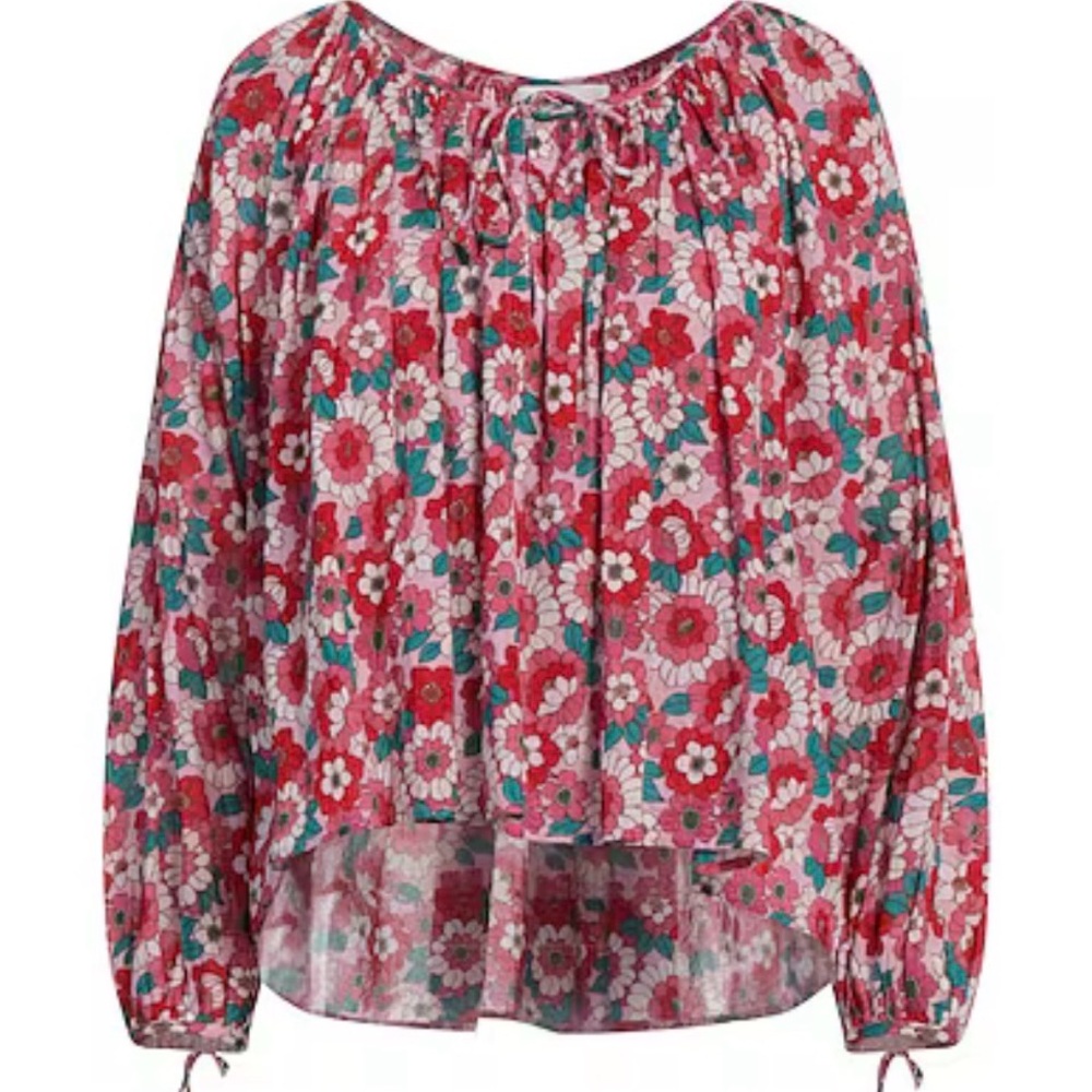 Antik Batik Blossom Blouse Large sz 42 peasant top floral cotton pink red white